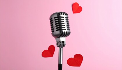 Vintage microphone surrounded by red hearts on a pink background.