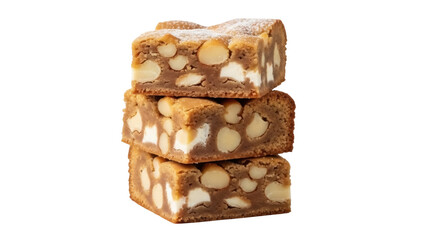 Stack of three macadamia nut blondies isolated PNG, delicious dessert bars with nuts and powdered sugar on transparent background