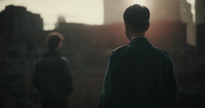 EDITED Movie Filming Concept with Finished Film: Crew Shooting Rooftop Exchange Between Two Male Criminals Handling Secret Envelope Followed by Gun Standoff Scene. Virtual Production Movie Set