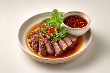 Exquisite Steak Dish: A perfectly seared steak, artfully presented, served with a vibrant sauce, garnished with fresh herbs, showcasing culinary elegance and appetizing appeal.