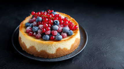 Delicious Cheesecake with Berries: A delectable cheesecake, adorned with a vibrant assortment of fresh berries, rests invitingly on a dark plate, promising a moment of pure culinary delight.