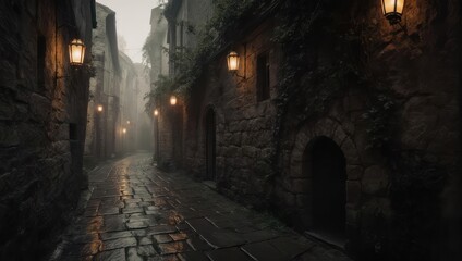 Fototapeta premium Mysterious Old European Alleyway at Dusk with Lanterns and Rain.