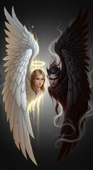 Shining white wings of an angel with a cute female face against black wings of a demon with a male face, illustration of good versus evil