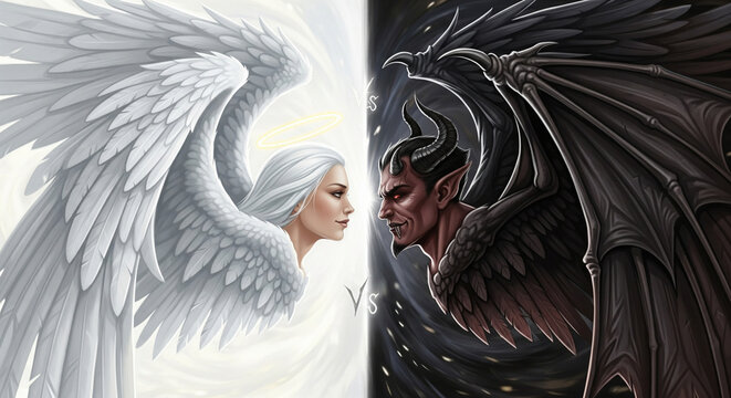 Shining white wings of an angel with a cute female face against black wings of a demon with a male face, illustration of good versus evil
