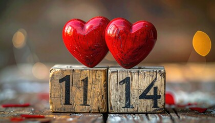 Two shiny red hearts resting on rustic wooden blocks displaying the date November fourteenth.