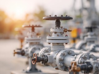 Industrial pipeline valves and fittings in refinery setting under warm light, emphasizing fluid control systems, mechanical precision, and energy infrastructure reliability