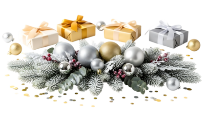 Christmas gifts and ornaments with frosted pine branches