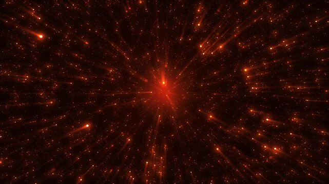 Red abstract background with a shimmering star effect and rays of light coming from the center. Space dust and explosion effect.