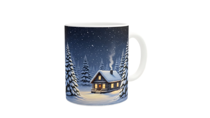 Cozy winter cabin in snowy forest at night image