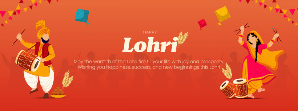 Happy Lohri Festival Banner with Punjabi Dance and Dhol Traditional Lohri Celebration Background vector Illustration.