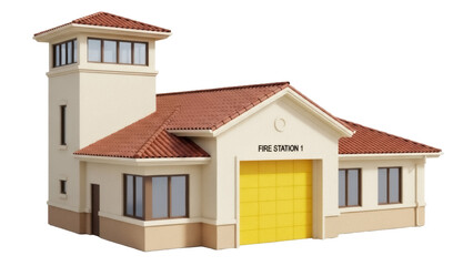 Fire station building PNG isolated on transparent background, architectural design of a firehouse with a tower and garage door