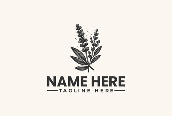 A minimalist logo illustration featuring a stylized lavender plant with leaves and flowers on a light beige background, accompanied by placeholder text for a business or brand name and