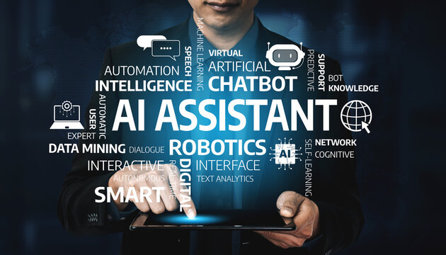 A modern digital scene showcasing a person using a tablet with words highlighting concepts like artificial intelligence, automation, and robotics, representing innovation. Tessel - Powered by Adobe