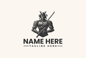 A black and white illustration of a samurai warrior logo with a sword on a beige background, featuring placeholder text for a name and tagline.