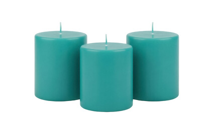 Three teal pillar candles isolated PNG, decorative wax candles for home decor and special occasions on transparent background