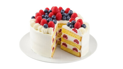 Delicious raspberry and blueberry cake PNG isolated on transparent background, sweet dessert with fresh berries and creamy frosting