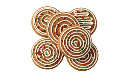 Stack of gingerbread cookies isolated PNG, decorated with white icing and red and green sprinkles, festive holiday treat on transparent background