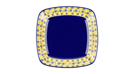 Square blue and yellow decorative plate PNG isolated on transparent background, vintage floral pattern dish for food presentation and table setting