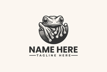 Black and white illustration of a frog sitting on a circle with placeholder text for a logo or brand identity design.