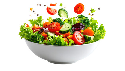 A vibrant bowl, bursting with fresh, colorful salad components, artfully arranged and seemingly suspended. Includes various vegetables