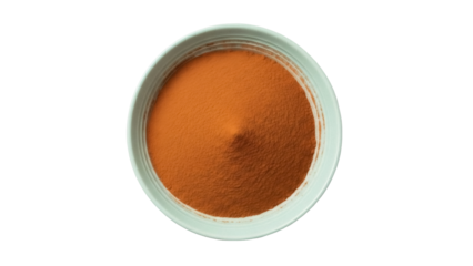 Bright orange powder in a bowl isolated PNG, vibrant pigment for food coloring and cosmetic applications on transparent background