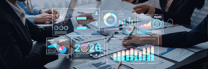 Business team collaborating on data analysis with digital charts and graphs showcasing trends, statistics, and projections for strategic planning and decision making Trope.