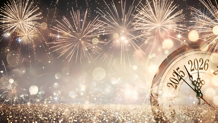 2026 New Year Eve, 2026 New Year Card, Clock And Fireworks Waiting Midnight, Abstract Defocused Background