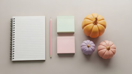 Organized workspace with notebook and decorative pumpkins