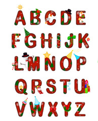 A set of red capital letters A to Z rounded edges with Christmas theme, snowflake and Christmas trees decorated by ribbon, snowman, party hats, ornaments, star, sugar cane, gift box, bell and sock.