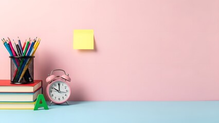 Organized study space with clock and supplies