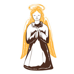 Fototapeta premium Christmas angel with halo and folded hands in simple hand drawn style. Vintage festive character with warm colors. Vector whimsical illustration for holiday cards, labels, packaging, stickers