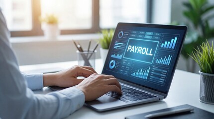 Business Professional Managing Payroll Data and Financial Reports on Laptop