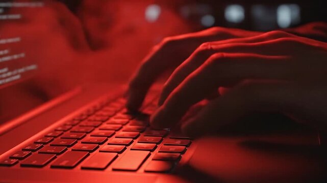 Hacker rapidly typing code on laptop with dramatic red glow.