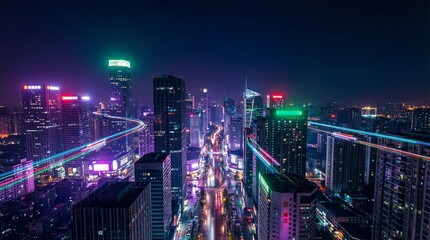 Fototapeta premium Vibrant Cityscape at Night with Futuristic Neon Lights and Dynamic Light Trails