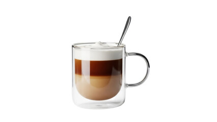 Latte macchiato in a glass cup with spoon isolated PNG, layered coffee drink on transparent background, hot beverage for cafe menu