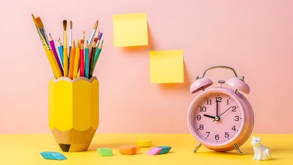 Colorful office supplies and clock