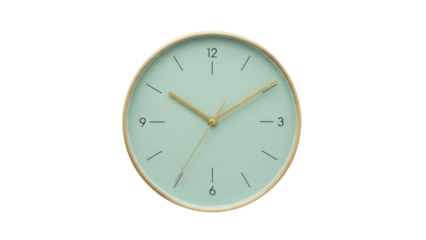 Mint green wall clock isolated PNG, minimalist design with gold hands and light wood frame for home decor and timekeeping