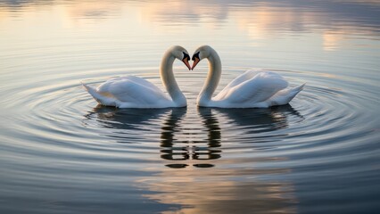 Fototapeta premium Two swans forming heart shape on serene lake at sunset with reflections