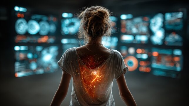 Woman immersed in futuristic digital interface, data streams glowing intensely on her back. - Powered by Adobe