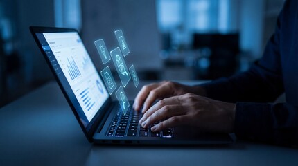 Digital Transformation and Data Analysis Concept with Hands Typing on Laptop and Virtual Interface