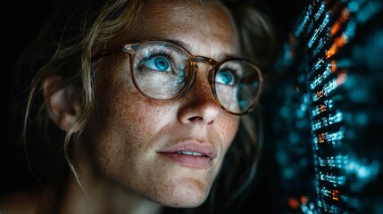 Focused woman wearing glasses gazes at glowing digital data streams in a dark, modern environment.