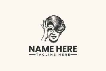 Black and white vector illustration of a woman's face with a hand gesture, logo design with placeholder text on a clean background.