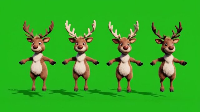 3D animation four reindeer dancing against a green screen background (chroma key).