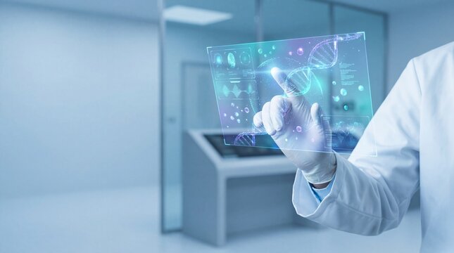 Scientist Interacting with Holographic DNA Display in a Modern Laboratory - Powered by Adobe