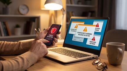 Man Facing Digital Cybersecurity Threats on Laptop and Smartphone in Home Office