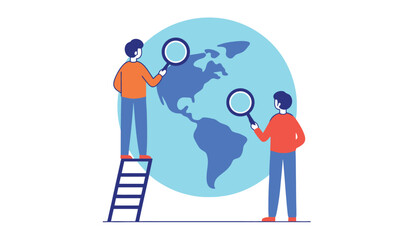 Two people use magnifying glasses to examine the world map.