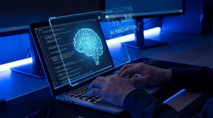 Programmer Developing AI Innovation on Laptop with Digital Brain Display