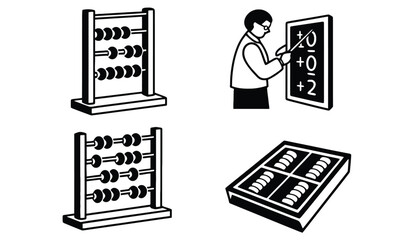 A teacher instructs students using an abacus and a blackboard.
