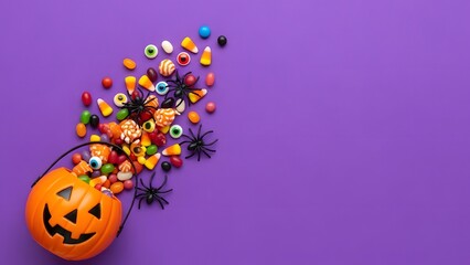 Halloween candy spilling from pumpkin