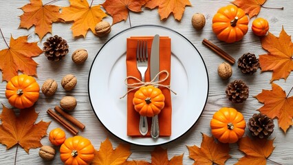 Autumn-themed table setting with natural decorations